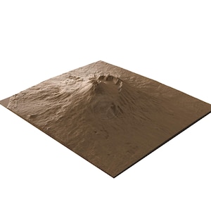 May include: A brown, three-dimensional model of a mountain with a central crater and spiral design. The model is set on a square base, showcasing the mountain's textured surface and topographical features. The overall color is a warm, earthy brown.