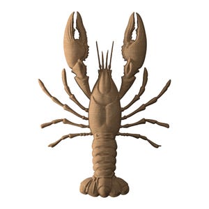 May include: A detailed, wooden-textured carving of a crawfish, featuring prominent claws and segmented body. The crawfish is depicted in a naturalistic style, with intricate details and a light brown color. The image is set against a plain white background.
