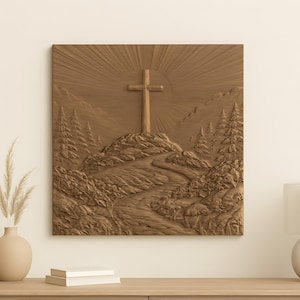 Christian Cross on Hill STL model relief CNC router wood carving & 3D printing