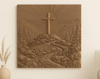 Christian Cross on Hill STL Modell Relief CNC Fräser Holzschnitzerei & 3D Druck