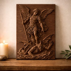 Op de afbeelding: Een gedetailleerde houten reliëfsnijwerk toont een engel met vleugels en een speer, die boven een demon staat. Het kunstwerk is in bruintinten en is gemonteerd op een rechthoekig houten paneel. Het snijwerk wordt gepresenteerd op een houten oppervlak.