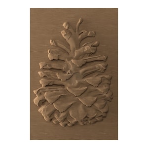 May include: A detailed, three-dimensional relief carving of a pine cone. The artwork is rendered in shades of brown, with visible textures and intricate details of the cone's scales. The background is a solid, matching brown.