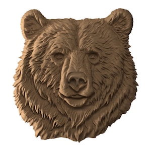 May include: A detailed, three-dimensional carving of a bear's head. The bear's fur is intricately carved, with visible texture and depth. The bear's face is centered, with a focus on the eyes, nose, and mouth. The color is a warm, natural brown.