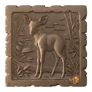 May include: A square brown relief carving featuring an okapi standing in a forest setting with bamboo and foliage. The edges of the plaque have a rough, uneven texture. The logo for STL Structures is visible in the bottom right corner of the piece.