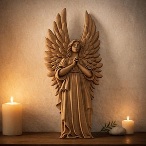 May include: A wooden angel statue with outstretched wings, hands clasped in prayer, and a flowing gown. The statue is illuminated by two lit candles on either side, creating a warm, inviting ambiance. A small sprig of greenery and a stone are also present.