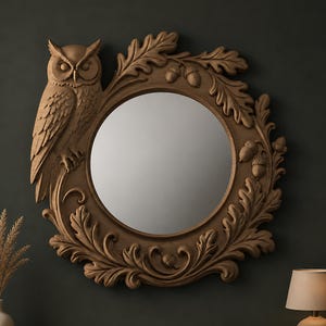 May include: A circular wooden mirror featuring a carved owl and an oak leaf and acorn border. The mirror has a natural wood finish and a reflective surface. The design is reminiscent of woodland themes, with a rustic aesthetic.