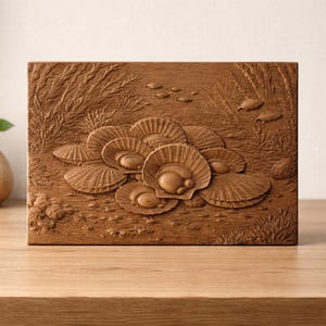 Può includere: Scultura rettangolare in legno raffigurante conchiglie in un ambiente marino. L'intaglio a rilievo presenta dettagliate texture di conchiglie, piante acquatiche e piccoli pesci, il tutto in tonalità marroni. L'opera d'arte è su uno sfondo chiaro.