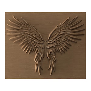 May include: A detailed, carved wooden wall art piece featuring a symmetrical pair of angel wings. The wings are intricately designed with individual feathers and are set against a wood-grain background. The artwork is finished in a warm, natural wood tone.