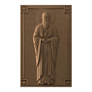May include: A detailed wooden relief carving of a robed figure with a long beard and a halo. The figure's hands are clasped in front. The frame has cross details at each corner.