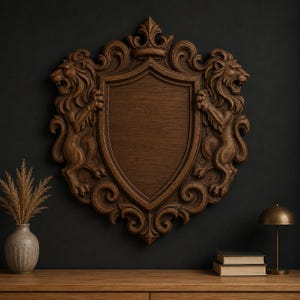 May include: A dark brown wooden shield with ornate carvings, featuring two lions on either side and a crown at the top. The shield is mounted on a dark wall, with a wooden table and decorative items in the foreground.