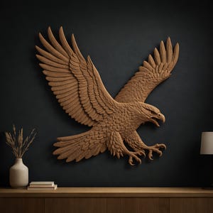 May include: A detailed wooden eagle sculpture with outstretched wings, carved in a warm brown hue. The eagle is mounted on a dark wall, showcasing intricate feather details and a fierce expression. The sculpture is a decorative wall art piece.