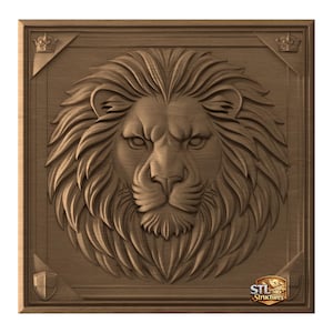 May include: A detailed, brown wooden carving of a lion's head, centrally framed. The lion's mane is intricately carved, and the face displays a stern expression. Crowns and a shield are in the corners. The logo "STL Structures" is in the bottom right corner.
