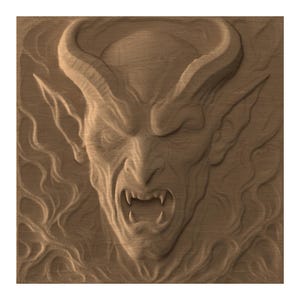 May include: A detailed wood carving of a demonic face with horns, sharp teeth, and an open mouth. The carving is in shades of brown, with intricate details in the hair and facial features. The overall theme is gothic and horror.