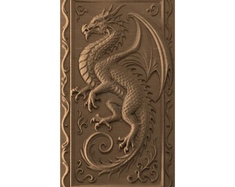 Drakenpaneel STL-bestand CNC-houtsnijwerk Drakenvuurdier mythisch kasteel
