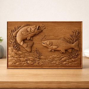May include: A rectangular wooden relief carving featuring two fish, one with an open mouth, amidst aquatic plants and bubbles. The artwork is in shades of brown and tan, with detailed textures.