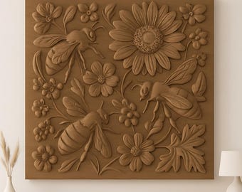 Bees and Flowers STL File CNC Wood Carving, Printing, Digital, animal, floral