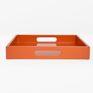 Orange Tray with Handles, Shallow Ottoman Large Tray, Velvet Matte Finish, Modern Coffee Table Tray, Decorative Catchall, Shallow Tray