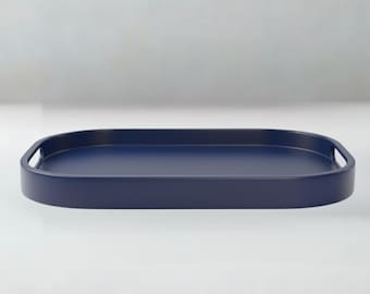 Bandeja otomana de veludo fosco: decoração moderna para mesa de centro em azul escuro, formato oblongo