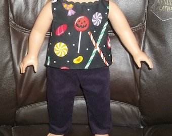 American 18 Inch Doll Clothes Top is black with Halloween candy and Pants are dark purple