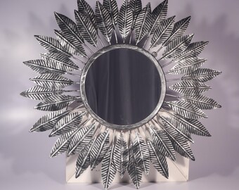 Silver Leaf Sunburst Wall Mirror – Decorative Metal Wall Accent