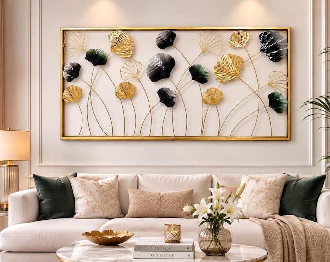 Metal Floral Wall Decor, 3D Botanical Wall Art, Gold Black Accent for Living Room