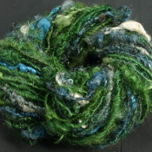 Handspun art yarn: Goti-locks hand dyed in green-blue