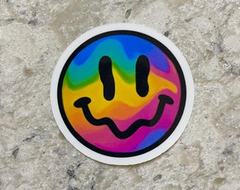 Melting Rainbow Trippy Smiley Face Sticker l Gloss or Holographic Laminate l Waterproof Decal
