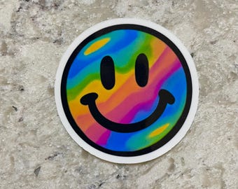 Rainbow Trippy Smiley Face Sticker l Gloss or Holographic Laminate l Waterproof Decal