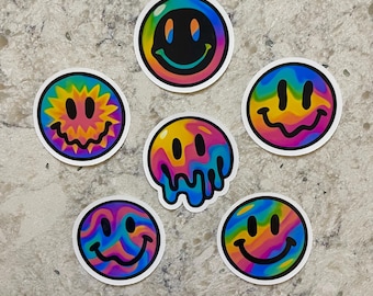 Pack of Trippy Smiley Face Stickers l Gloss or Holographic Laminate l Waterproof Decal