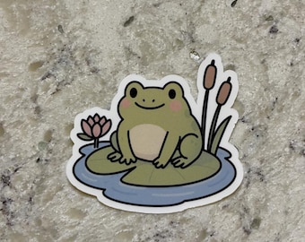 Cute Frog On Lily Pad Sticker l Gloss or Holographic Laminate l Waterproof Decal