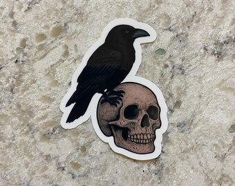 Perched Crow On Skull Sticker l Gloss or Holographic Laminate l Waterproof Decal