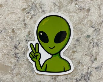 Alien Peace Sign Sticker l Gloss or Holographic Laminate l Waterproof Decal