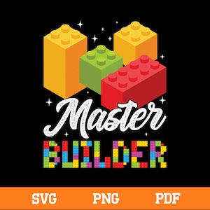 Puede incluir: Diseño gráfico negro con bloques de construcción de juguete coloridos. El texto "Master Builder" se muestra en escritura blanca sobre la palabra "BUILDER" en una fuente pixelada. La imagen incluye opciones de tipo de archivo SVG, PNG y PDF.