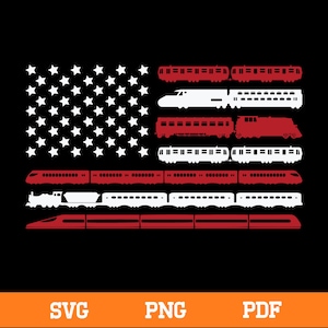 May include: A graphic design featuring the American flag, with the stripes replaced by red and white train silhouettes. The stars in the upper left corner are white. The background is black.