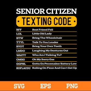 May include: Black graphic design with the words "Senior Citizen Texting Code" in white and yellow. The image lists texting acronyms and their meanings, such as "BFF" for "Best Friend Fell."