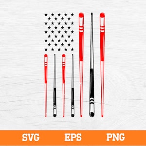 Könnte beinhalten: Eine Illustration der amerikanischen Flagge mit schwarzen Sternen und roten und schwarzen Essstäbchen, die die Streifen ersetzen. Der Text "SVG EPS PNG" in Weiß auf einem orangefarbenen Balken ist unten im Bild enthalten.