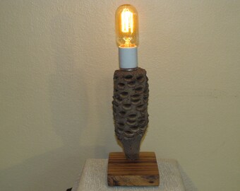 Found Wooden Object Lamp With Vintage Style Light Bulb