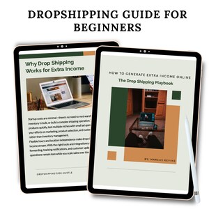 Puede incluir: Dos tabletas que muestran información sobre dropshipping para principiantes. La tableta superior muestra "Por qué el dropshipping funciona para obtener ingresos adicionales". La segunda tableta muestra "Cómo generar ingresos adicionales en línea". Las tabletas son negras con texto blanco y detalles en naranja y verde.