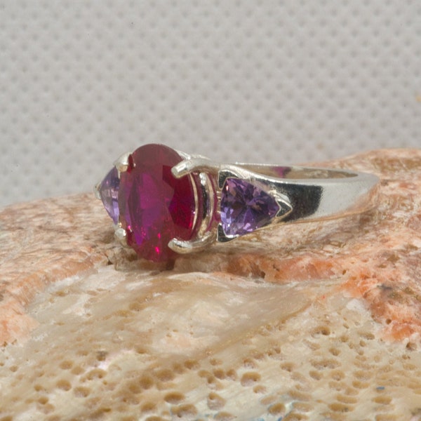 Amethyst Accented Ruby and Sterling Ring.