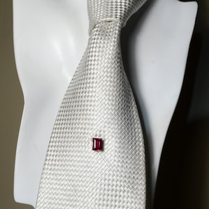 May include: A white patterned tie with a red gemstone tie tack.