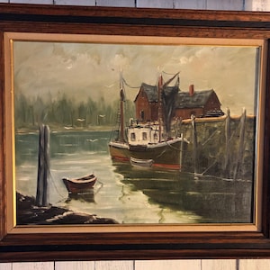 Pintura vintage em óleo sobre tela, barcos náuticos, moldura original assinada, 29” x 23”