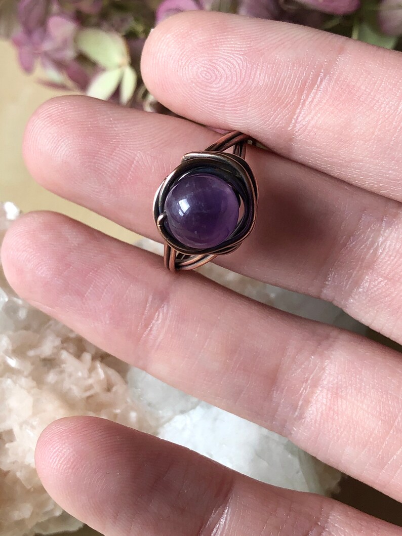 Amethyst Copper Wire Wrapped Stackable Healing Crystal Ring Size 7 US