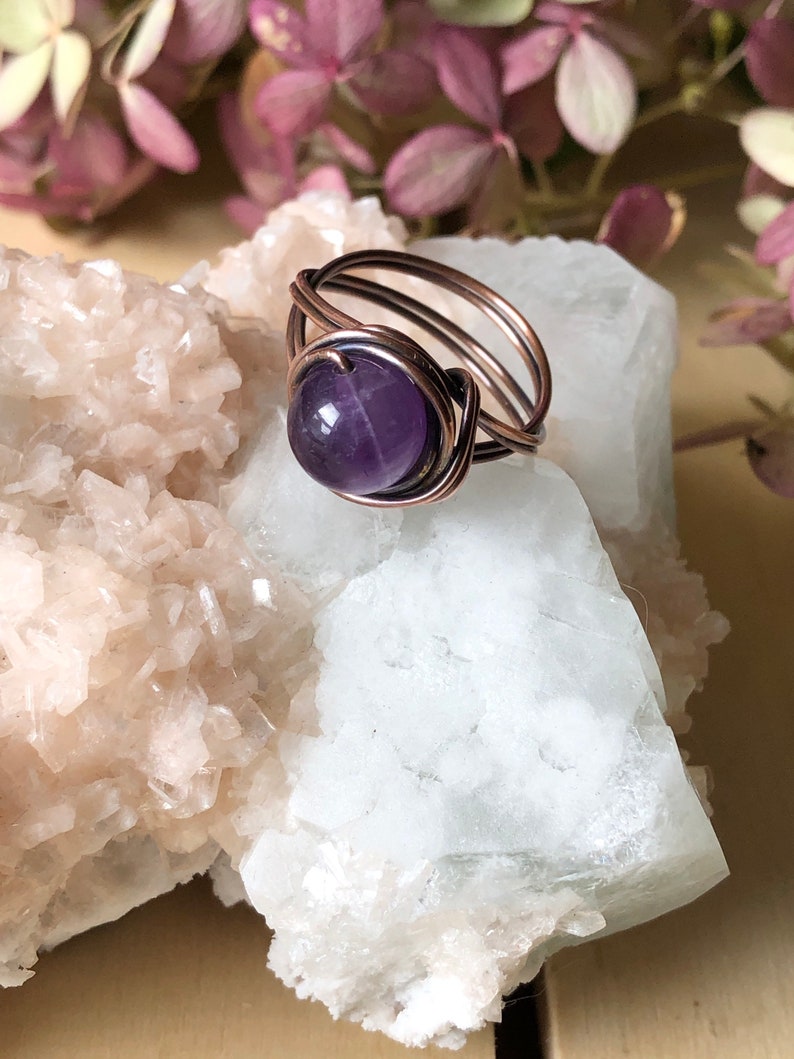 Amethyst Copper Wire Wrapped Stackable Healing Crystal Ring Size 7 US