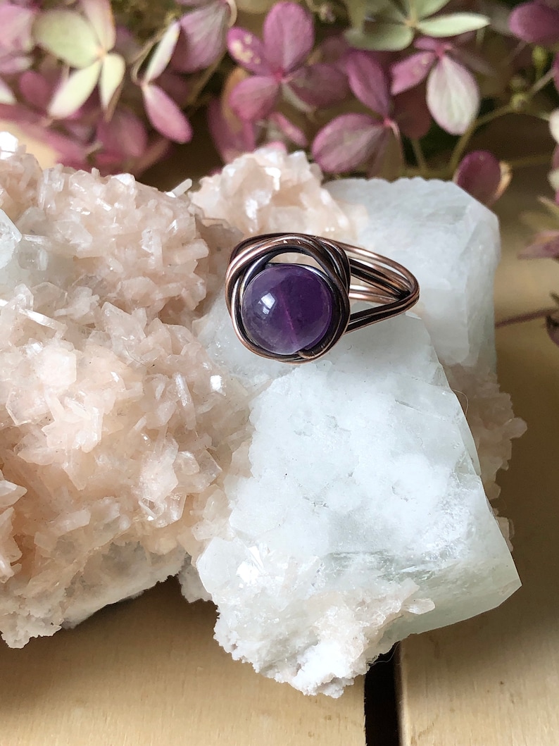 Amethyst Copper Wire Wrapped Stackable Healing Crystal Ring Size 7 US