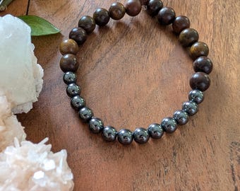 Gemstone Stretchy Bracelet with Vegan Leather Accents — Boho Chic Crystal Healing Jewelry — Sustainable Handmade Gift for Her — Stackable Be