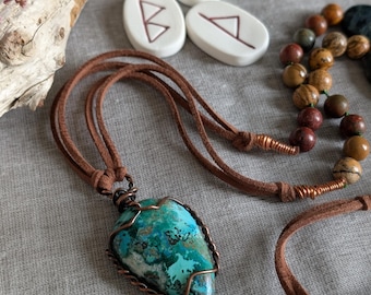 Gothic Chrysocolla, Brazilian Apatite & Picasso Jasper Wire Wrapped Necklace – Dark Cottagecore Witchy Jewelry