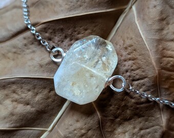 Citrine Crystal Necklace | Silver Wire Wrapped Pendant, Stainless Steel Chain