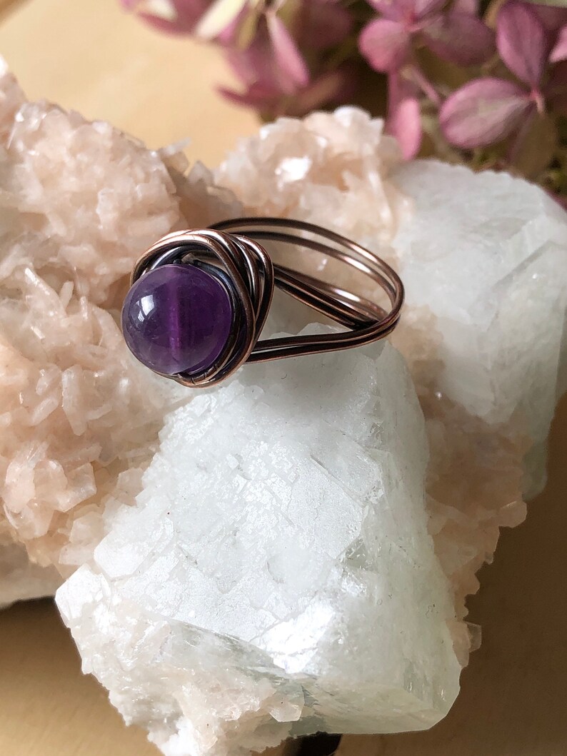 Amethyst Copper Wire Wrapped Stackable Healing Crystal Ring Size 7 US