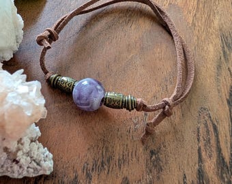 Gemstone Adjustable Bracelet with Vegan Leather Accents — Boho Chic Crystal Healing Jewelry — Sustainable Handmade Gift for Her — Stackable