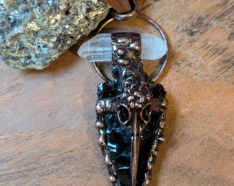 Obsidian Crow Skull Necklace | Copper Snake Quartz Talisman